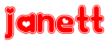 The image is a red and white graphic with the word Janett written in a decorative script. Each letter in  is contained within its own outlined bubble-like shape. Inside each letter, there is a white heart symbol.