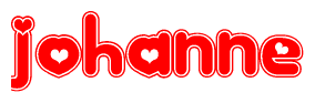The image is a red and white graphic with the word Johanne written in a decorative script. Each letter in  is contained within its own outlined bubble-like shape. Inside each letter, there is a white heart symbol.