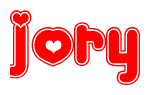 The image is a clipart featuring the word Jory written in a stylized font with a heart shape replacing inserted into the center of each letter. The color scheme of the text and hearts is red with a light outline.