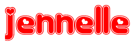 The image is a red and white graphic with the word Jennelle written in a decorative script. Each letter in  is contained within its own outlined bubble-like shape. Inside each letter, there is a white heart symbol.