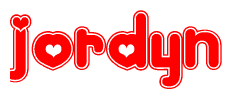 The image is a clipart featuring the word Jordyn written in a stylized font with a heart shape replacing inserted into the center of each letter. The color scheme of the text and hearts is red with a light outline.