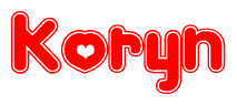 The image is a red and white graphic with the word Koryn written in a decorative script. Each letter in  is contained within its own outlined bubble-like shape. Inside each letter, there is a white heart symbol.
