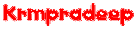 The image is a red and white graphic with the word Krmpradeep written in a decorative script. Each letter in  is contained within its own outlined bubble-like shape. Inside each letter, there is a white heart symbol.