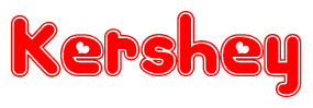 The image is a red and white graphic with the word Kershey written in a decorative script. Each letter in  is contained within its own outlined bubble-like shape. Inside each letter, there is a white heart symbol.