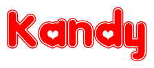The image is a red and white graphic with the word Kandy written in a decorative script. Each letter in  is contained within its own outlined bubble-like shape. Inside each letter, there is a white heart symbol.