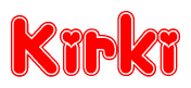 The image is a red and white graphic with the word Kirki written in a decorative script. Each letter in  is contained within its own outlined bubble-like shape. Inside each letter, there is a white heart symbol.