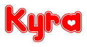 The image is a clipart featuring the word Kyra written in a stylized font with a heart shape replacing inserted into the center of each letter. The color scheme of the text and hearts is red with a light outline.