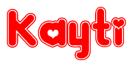 The image is a red and white graphic with the word Kayti written in a decorative script. Each letter in  is contained within its own outlined bubble-like shape. Inside each letter, there is a white heart symbol.