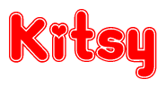The image is a red and white graphic with the word Kitsy written in a decorative script. Each letter in  is contained within its own outlined bubble-like shape. Inside each letter, there is a white heart symbol.