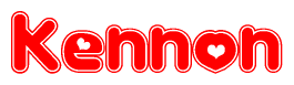 The image is a red and white graphic with the word Kennon written in a decorative script. Each letter in  is contained within its own outlined bubble-like shape. Inside each letter, there is a white heart symbol.