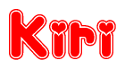 The image is a red and white graphic with the word Kiri written in a decorative script. Each letter in  is contained within its own outlined bubble-like shape. Inside each letter, there is a white heart symbol.