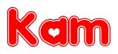 The image is a clipart featuring the word Kam written in a stylized font with a heart shape replacing inserted into the center of each letter. The color scheme of the text and hearts is red with a light outline.