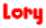 The image is a red and white graphic with the word Lory written in a decorative script. Each letter in  is contained within its own outlined bubble-like shape. Inside each letter, there is a white heart symbol.