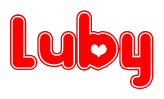 The image is a red and white graphic with the word Luby written in a decorative script. Each letter in  is contained within its own outlined bubble-like shape. Inside each letter, there is a white heart symbol.