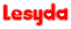 The image is a red and white graphic with the word Lesyda written in a decorative script. Each letter in  is contained within its own outlined bubble-like shape. Inside each letter, there is a white heart symbol.