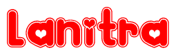 The image is a red and white graphic with the word Lanitra written in a decorative script. Each letter in  is contained within its own outlined bubble-like shape. Inside each letter, there is a white heart symbol.