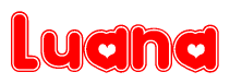 The image is a red and white graphic with the word Luana written in a decorative script. Each letter in  is contained within its own outlined bubble-like shape. Inside each letter, there is a white heart symbol.