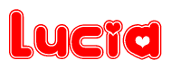 The image is a red and white graphic with the word Lucia written in a decorative script. Each letter in  is contained within its own outlined bubble-like shape. Inside each letter, there is a white heart symbol.