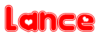The image is a red and white graphic with the word Lance written in a decorative script. Each letter in  is contained within its own outlined bubble-like shape. Inside each letter, there is a white heart symbol.