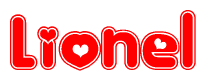   The image is a red and white graphic with the word Lionel written in a decorative script. Each letter in  is contained within its own outlined bubble-like shape. Inside each letter, there is a white heart symbol. 