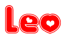 The image is a red and white graphic with the word Leo written in a decorative script. Each letter in  is contained within its own outlined bubble-like shape. Inside each letter, there is a white heart symbol.