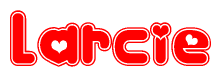 The image is a red and white graphic with the word Larcie written in a decorative script. Each letter in  is contained within its own outlined bubble-like shape. Inside each letter, there is a white heart symbol.