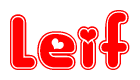 The image is a clipart featuring the word Leif written in a stylized font with a heart shape replacing inserted into the center of each letter. The color scheme of the text and hearts is red with a light outline.