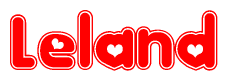 The image is a clipart featuring the word Leland written in a stylized font with a heart shape replacing inserted into the center of each letter. The color scheme of the text and hearts is red with a light outline.