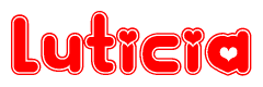 The image is a red and white graphic with the word Luticia written in a decorative script. Each letter in  is contained within its own outlined bubble-like shape. Inside each letter, there is a white heart symbol.