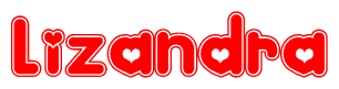 The image is a red and white graphic with the word Lizandra written in a decorative script. Each letter in  is contained within its own outlined bubble-like shape. Inside each letter, there is a white heart symbol.