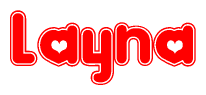The image is a red and white graphic with the word Layna written in a decorative script. Each letter in  is contained within its own outlined bubble-like shape. Inside each letter, there is a white heart symbol.
