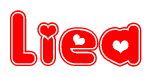 The image is a clipart featuring the word Liea written in a stylized font with a heart shape replacing inserted into the center of each letter. The color scheme of the text and hearts is red with a light outline.