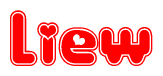 The image is a red and white graphic with the word Liew written in a decorative script. Each letter in  is contained within its own outlined bubble-like shape. Inside each letter, there is a white heart symbol.