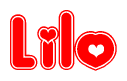 The image is a red and white graphic with the word Lilo written in a decorative script. Each letter in  is contained within its own outlined bubble-like shape. Inside each letter, there is a white heart symbol.