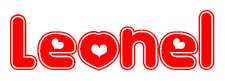 The image displays the word Leonel written in a stylized red font with hearts inside the letters.