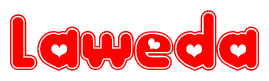 The image is a clipart featuring the word Laweda written in a stylized font with a heart shape replacing inserted into the center of each letter. The color scheme of the text and hearts is red with a light outline.