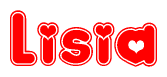 The image is a clipart featuring the word Lisia written in a stylized font with a heart shape replacing inserted into the center of each letter. The color scheme of the text and hearts is red with a light outline.