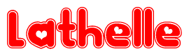 The image is a red and white graphic with the word Lathelle written in a decorative script. Each letter in  is contained within its own outlined bubble-like shape. Inside each letter, there is a white heart symbol.