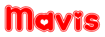 The image is a clipart featuring the word Mavis written in a stylized font with a heart shape replacing inserted into the center of each letter. The color scheme of the text and hearts is red with a light outline.