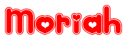 The image is a red and white graphic with the word Moriah written in a decorative script. Each letter in  is contained within its own outlined bubble-like shape. Inside each letter, there is a white heart symbol.