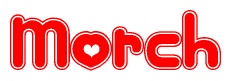 The image displays the word Morch written in a stylized red font with hearts inside the letters.