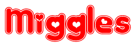 The image is a clipart featuring the word Miggles written in a stylized font with a heart shape replacing inserted into the center of each letter. The color scheme of the text and hearts is red with a light outline.