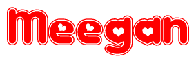The image is a clipart featuring the word Meegan written in a stylized font with a heart shape replacing inserted into the center of each letter. The color scheme of the text and hearts is red with a light outline.