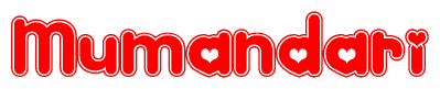 The image is a red and white graphic with the word Mumandari written in a decorative script. Each letter in  is contained within its own outlined bubble-like shape. Inside each letter, there is a white heart symbol.