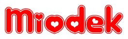 The image displays the word Miodek written in a stylized red font with hearts inside the letters.
