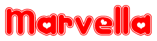 The image is a clipart featuring the word Marvella written in a stylized font with a heart shape replacing inserted into the center of each letter. The color scheme of the text and hearts is red with a light outline.