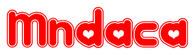The image is a clipart featuring the word Mndaca written in a stylized font with a heart shape replacing inserted into the center of each letter. The color scheme of the text and hearts is red with a light outline.