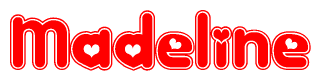 The image is a red and white graphic with the word Madeline written in a decorative script. Each letter in  is contained within its own outlined bubble-like shape. Inside each letter, there is a white heart symbol.