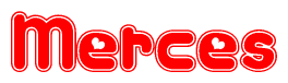 The image is a clipart featuring the word Merces written in a stylized font with a heart shape replacing inserted into the center of each letter. The color scheme of the text and hearts is red with a light outline.