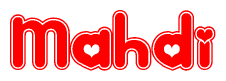 The image is a red and white graphic with the word Mahdi written in a decorative script. Each letter in  is contained within its own outlined bubble-like shape. Inside each letter, there is a white heart symbol.